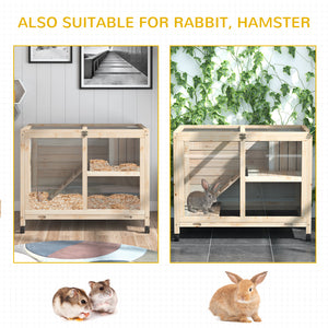 Indoor Rabbit Hutch with Wheels, Bunny Cage Guinea Pig House W/ Top Access, Ramp, Pull Out Tray, Natural Wood