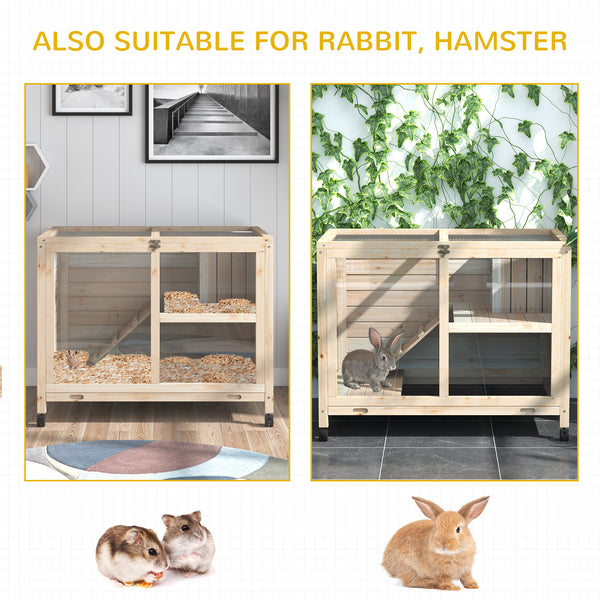 Indoor Rabbit Hutch with Wheels, Bunny Cage Guinea Pig House W/ Top Access, Ramp, Pull Out Tray, Natural Wood