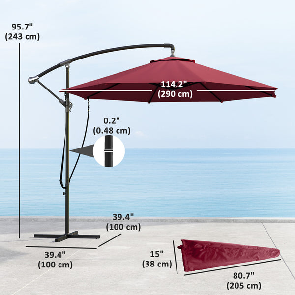 Parasol déporté de 9,5 pieds avec sangle de protection contre le vent et housse, rouge