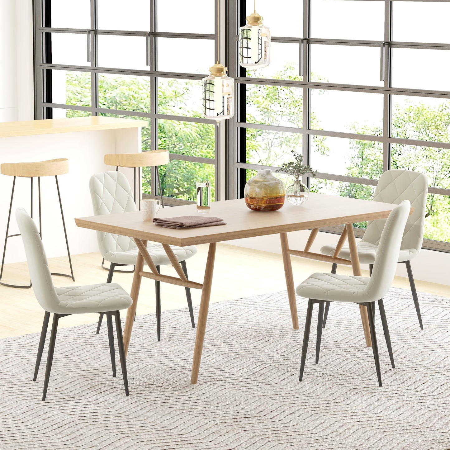 Lot de 4 chaises de salle à manger rembourrées avec pieds en acier, couleur crème