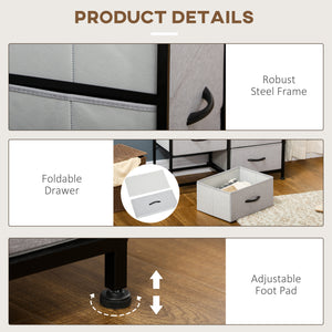 6-drawer fabric chest with steel frame, wood-effect top and handles, grey.