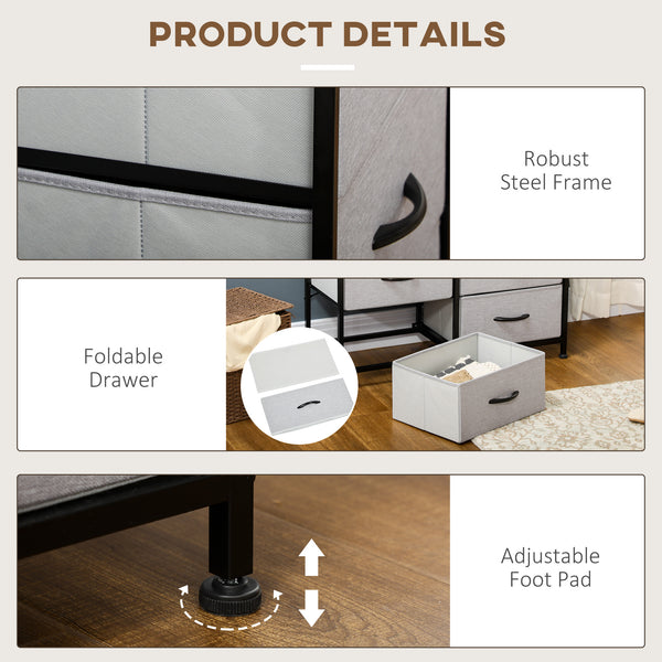 6-drawer fabric chest with steel frame, wood-effect top and handles, grey.