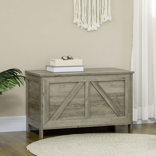 Coffre de rangement style ferme, charnière de sécurité pour ouverture à 100°, grain de bois gris