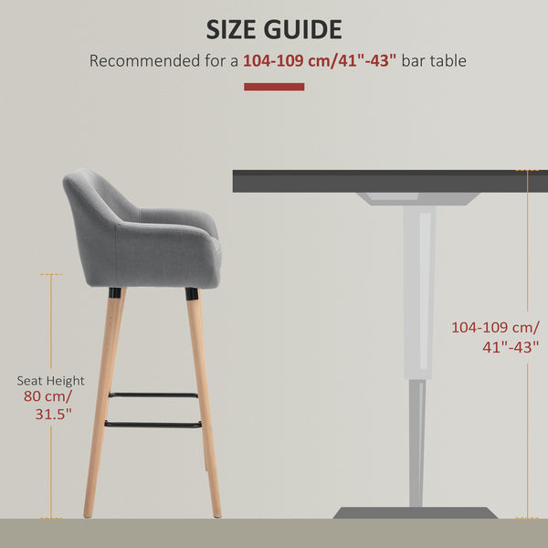 Lot de 2 tabourets de bar modernes rembourrés en tissu avec structure en métal et pieds en bois massif, Gris