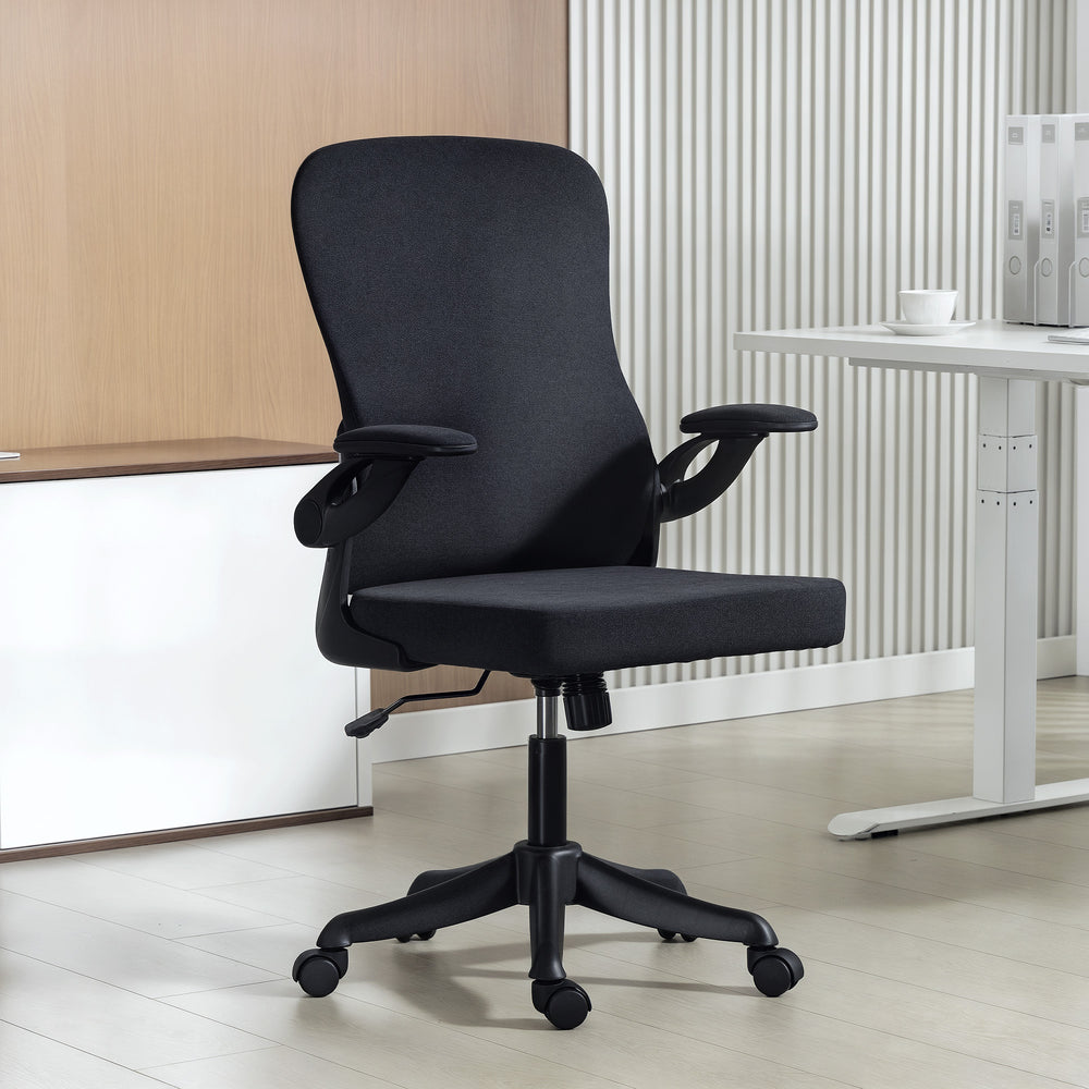 Chaise de bureau ergonomique pivotante, avec soutien lombaire et hauteur réglables, accoudoirs relevables, roulettes, noire