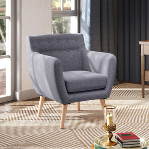 Fauteuil mid century avec structure en bois et rembourrage épais, gris clair
