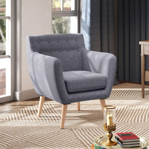 Fauteuil mid century avec structure en bois et rembourrage épais, gris clair