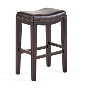 Ensemble de 2 tabourets de bar contemporains cloutés, siège selle en bois d'hévéa, marron
