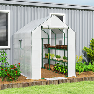 Three-tier garden greenhouse with roll-up door and screened windows
