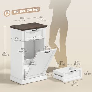 Meuble poubelle de 38 litres avec tiroir, style ferme, effet bois blanc