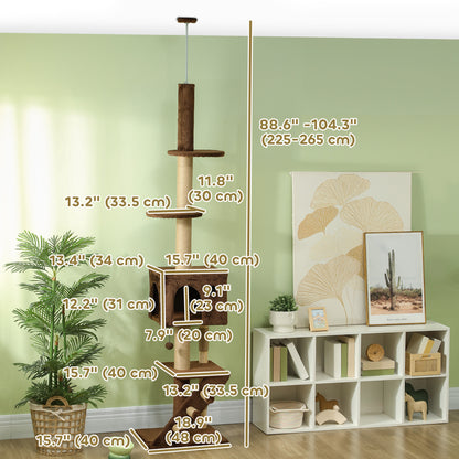 226-264 cm (89-104 in) Cat Tree with Scratching Post, Cat House, 3 Steps, Hanging Ball, Brown