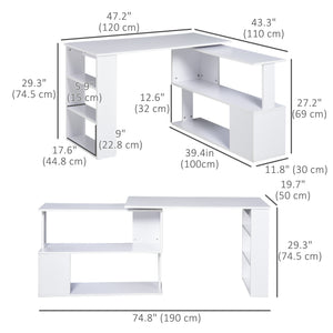 Bureau d'angle 47" en forme de L, pivotant à 360°, réversible, avec étagère de rangement, blanc