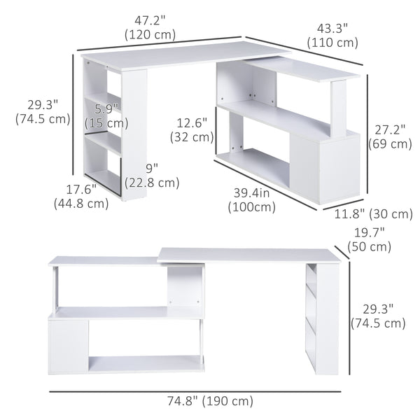 Bureau d'angle 47" en forme de L, pivotant à 360°, réversible, avec étagère de rangement, blanc