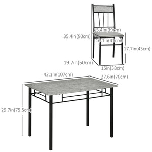 Ensemble de salle à manger 5 pièces pour 4 personnes, avec plateau effet marbre, chaises rembourrées et structure en métal gris.