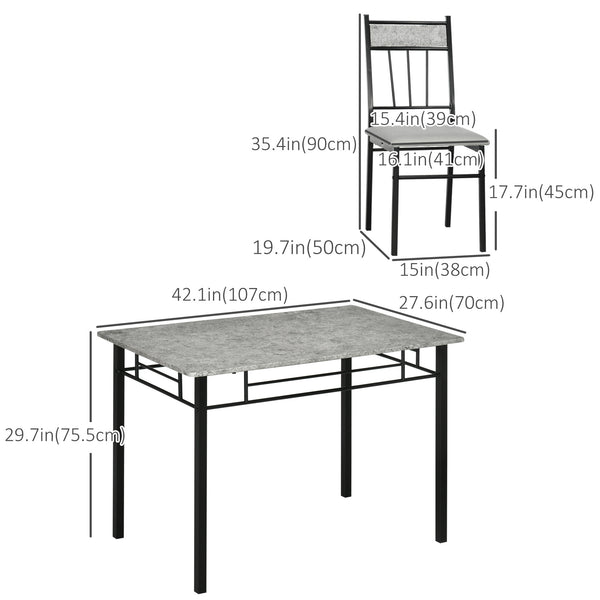 Ensemble de salle à manger 5 pièces pour 4 personnes, avec plateau effet marbre, chaises rembourrées et structure en métal gris.