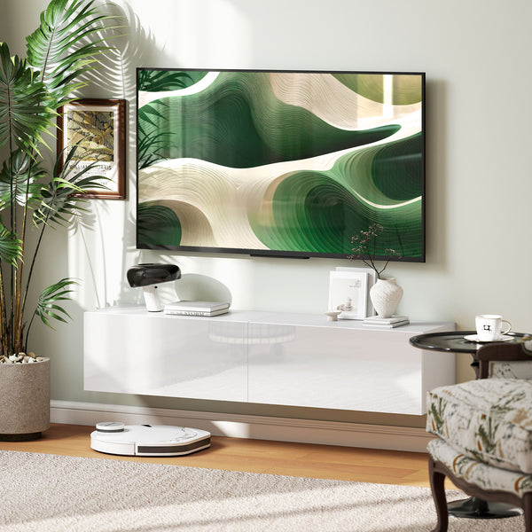 Meuble TV mural avec rangements pour téléviseurs 45, 55 et 65 pouces, blanc