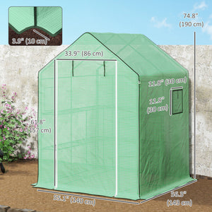 Small outdoor greenhouse with 2-tier U-shaped flower shelves