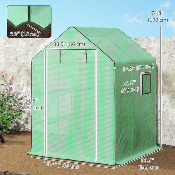 Small outdoor greenhouse with 2-tier U-shaped flower shelves