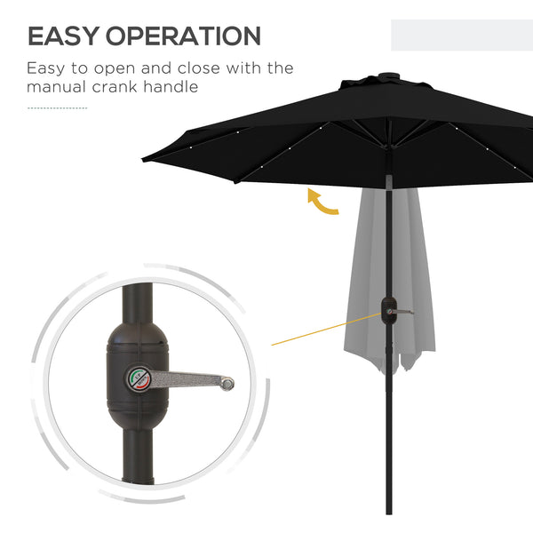 Parasol solaire d'extérieur de 9 pieds, 24 LED, toit inclinable, noir