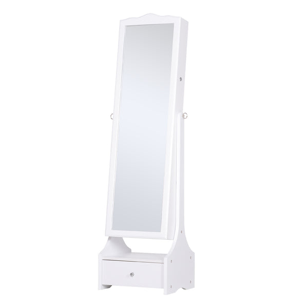 Armoire à bijoux sur pied avec éclairage LED, miroir pleine longueur, angle réglable, blanc