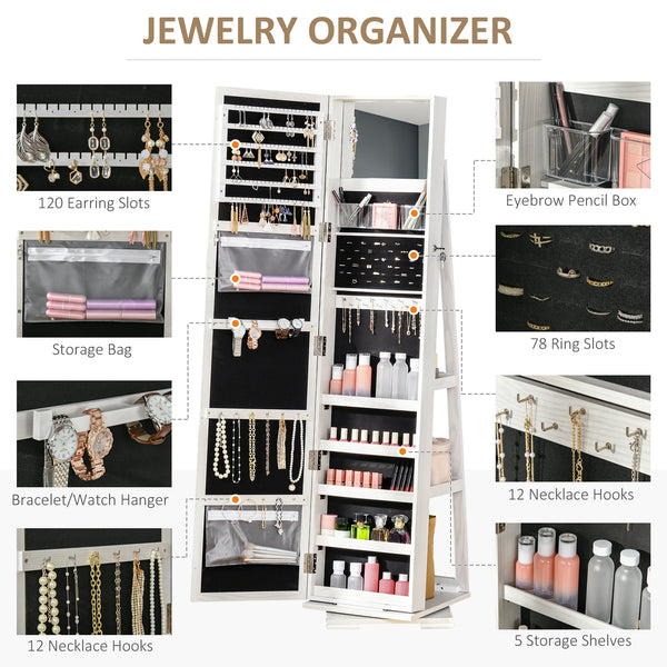 Armoire à bijoux pivotante à 360°, verrouillable, avec miroir intégré, blanc