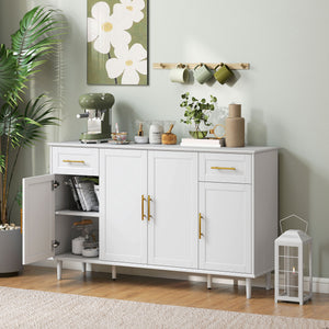 Buffet avec portes à fermeture amortie avec 2 tiroirs, 3 étagères réglables et 4 portes, blanc
