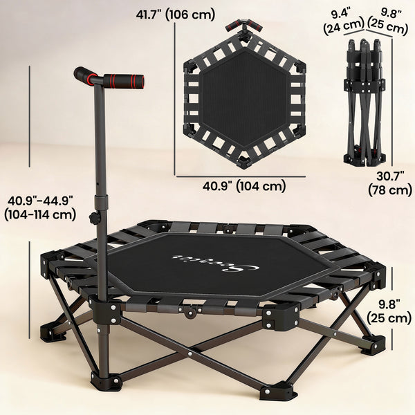Mini trampoline pliable avec barre de soutien ajustable et capacité de 400 lb