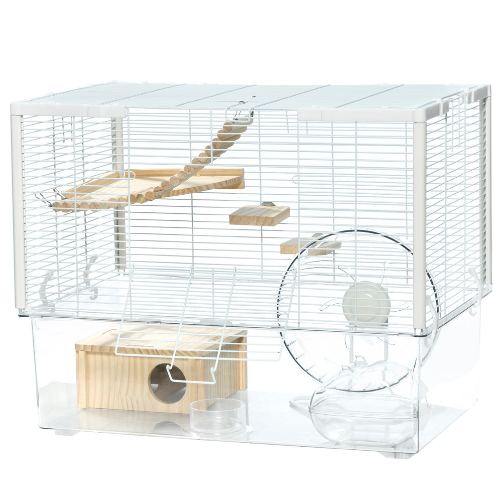 Cage pour hamster avec fond profond, rampe en bois, cabane, salle de bain et roue d'exercice pour hamster et gerbille, blanche