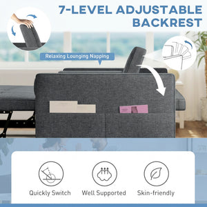 Canapé-lit gigogne deux places en lin avec ports USB, gris foncé