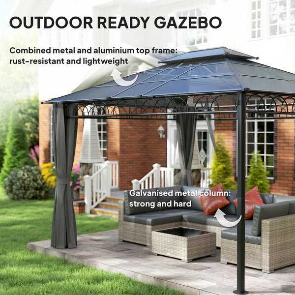 Gazebo 10' x 12' à double toit rigide avec toit en polycarbonate, structure en acier, moustiquaires et rideaux