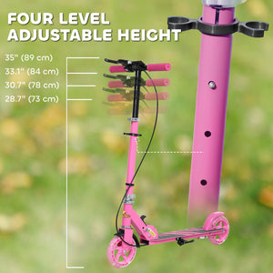 Scooter for children aged 3 to 8 years with light-up wheels, adjustable handlebars, rear brake and handbrake, pink