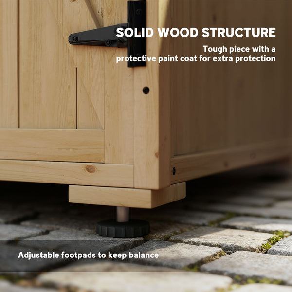 Natural wood garden shed with shelf and double door