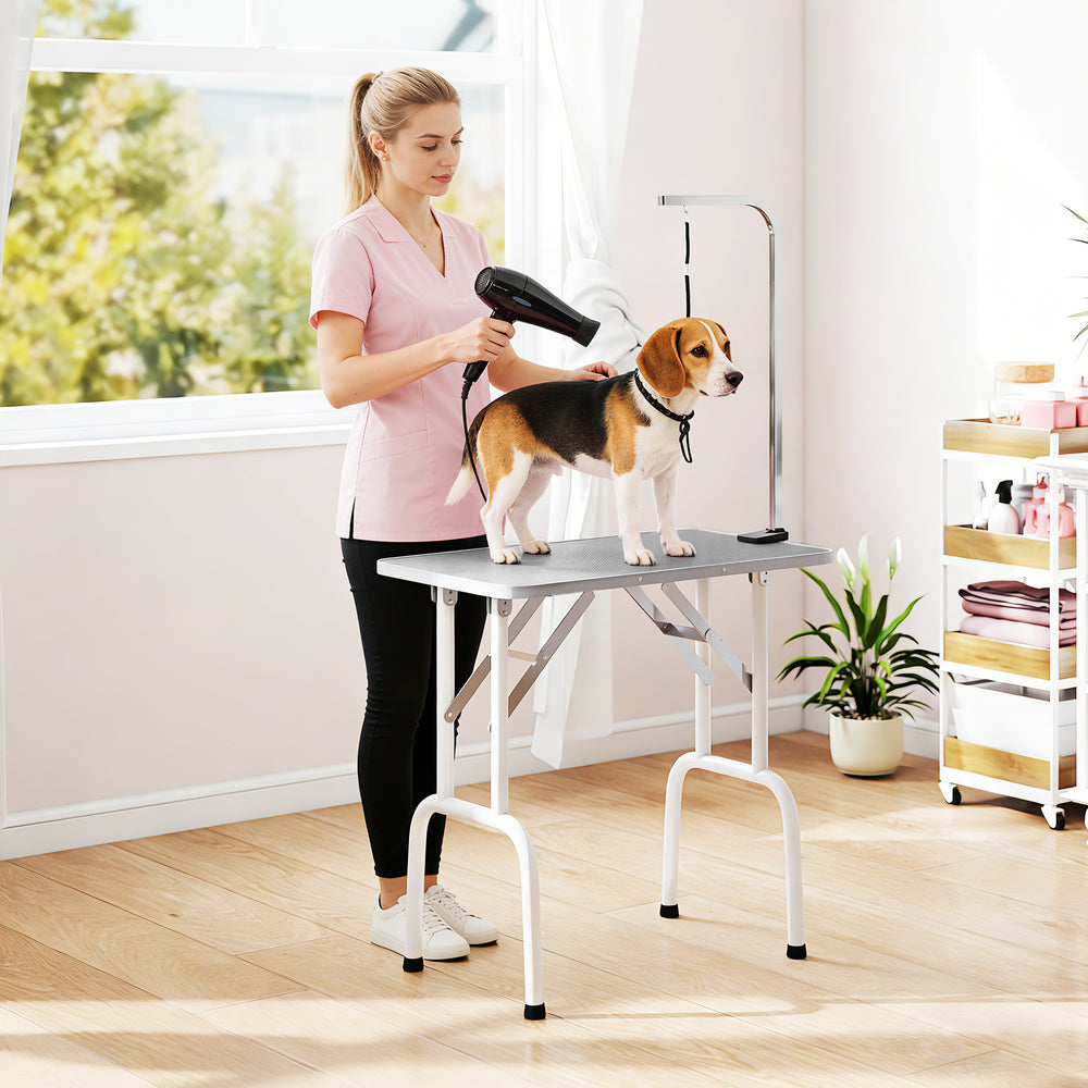 Foldable Pet Grooming Table for Dogs Cats with Adjustable Arm, Non-slip Surface, Grey