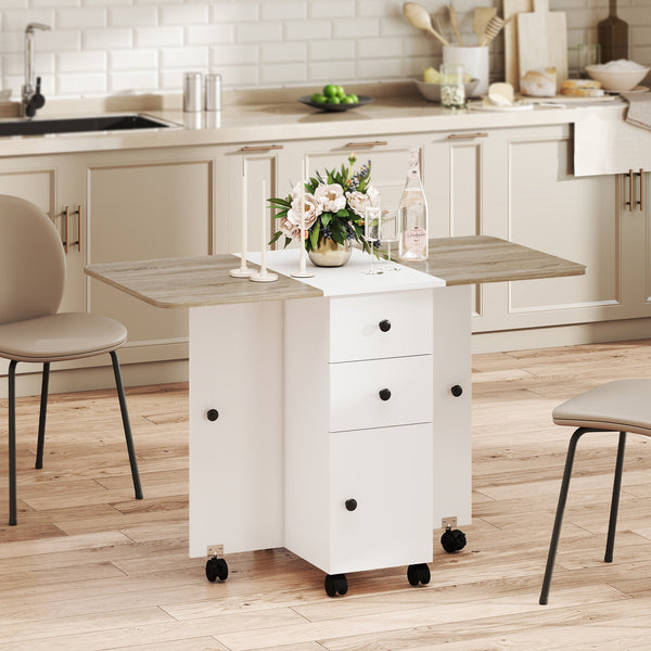 Table pliante mobile sur roulettes avec tiroirs et placard, blanc et chêne