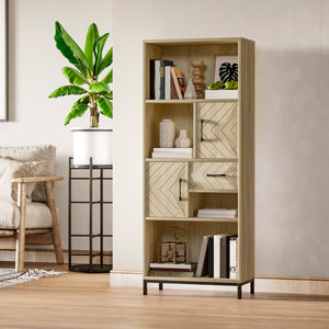 Bibliothèque 59", étagère de rangement avec armoires, tiroirs et compartiments ouverts, bois naturel