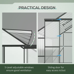 Greenhouse with adjustable roof ventilation, gutter and sliding door