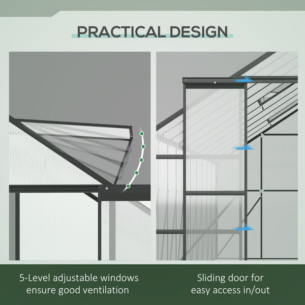 Greenhouse with adjustable roof ventilation, gutter and sliding door