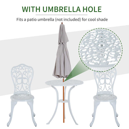 3 Piece Antique Style Outdoor Bistro Set, Patio Table and Chairs with Umbrella Hole, White