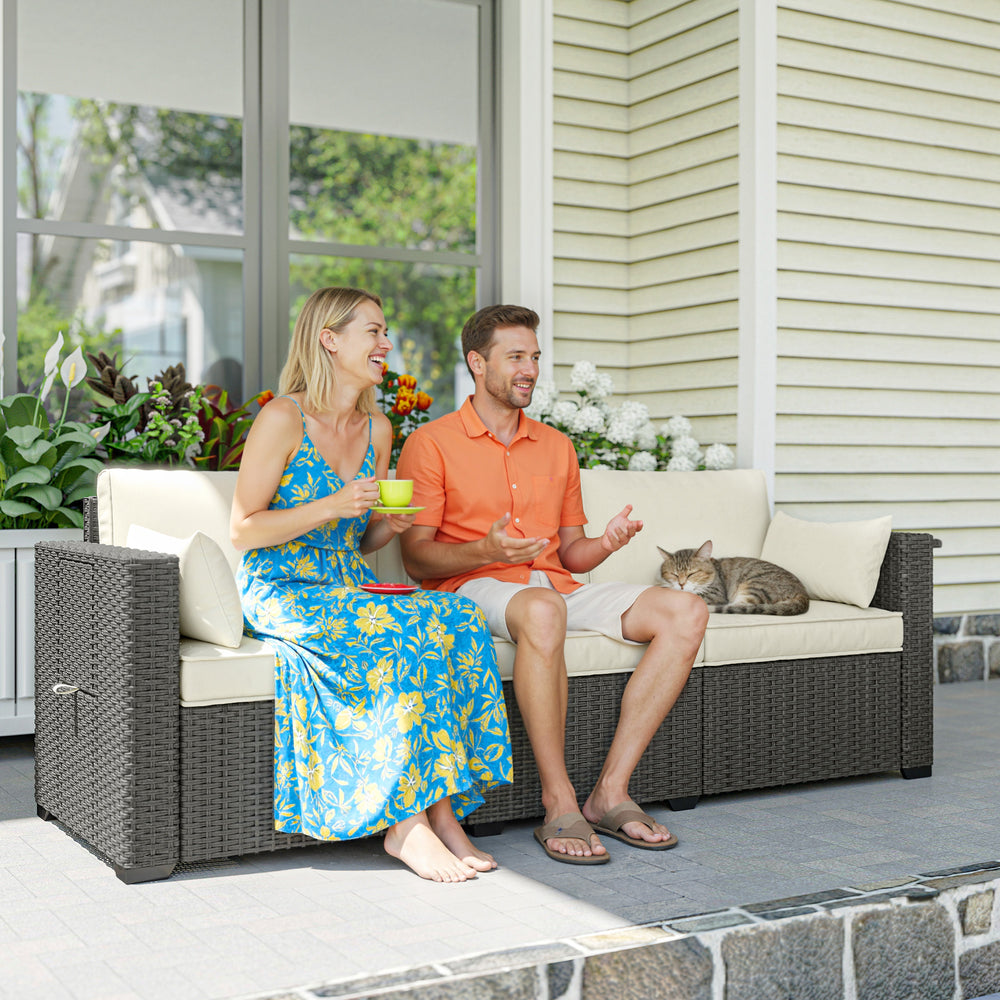 3 Seater Wicker Patio Sofa with Side Trays, Outdoor Couch with 6" Thick Back Cushions, Deep Seating, Cream White