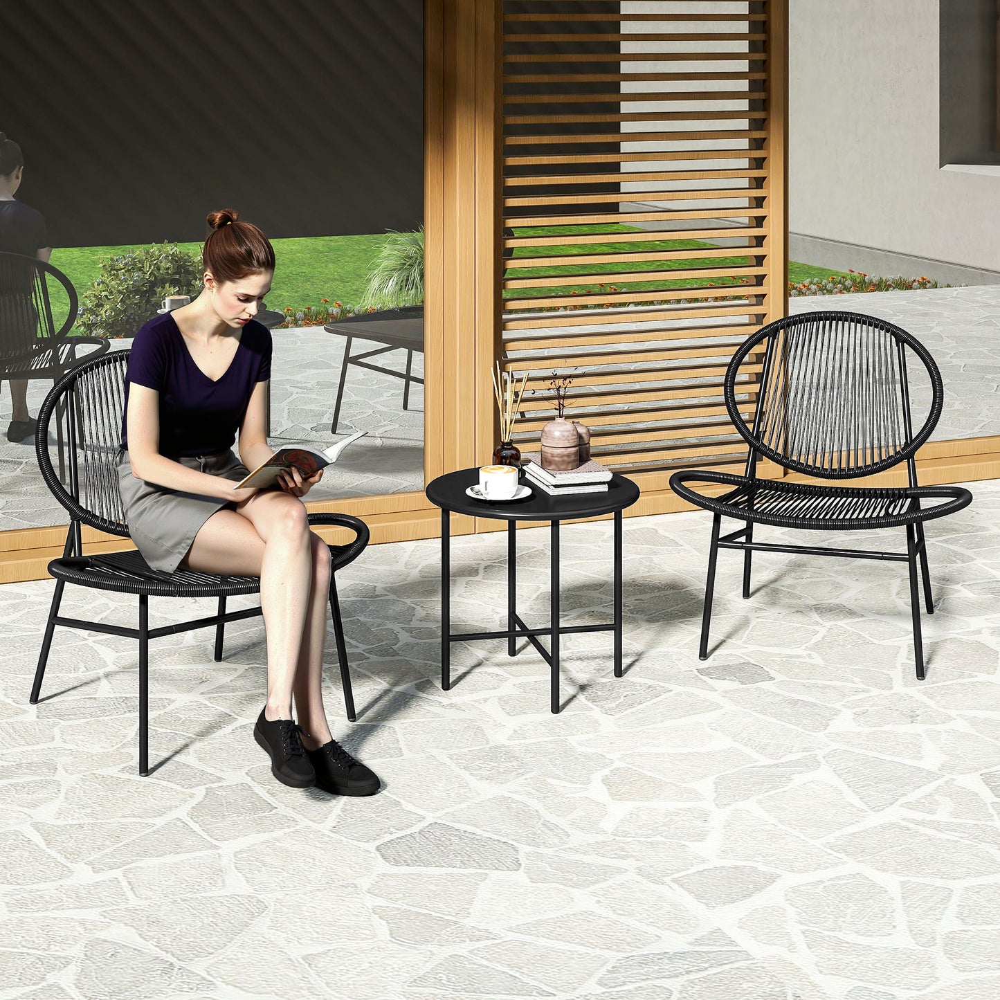 Ensemble bistrot Outsunny en rotin, ensemble de 3 meubles de jardin en osier, chaises Acapulco et table en acier pour porche et balcon, noir
