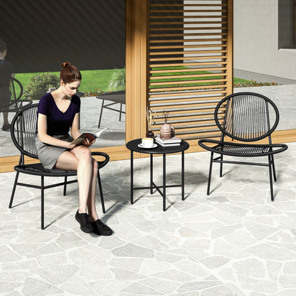 Ensemble bistrot Outsunny en rotin, ensemble de 3 meubles de jardin en osier, chaises Acapulco et table en acier pour porche et balcon, noir