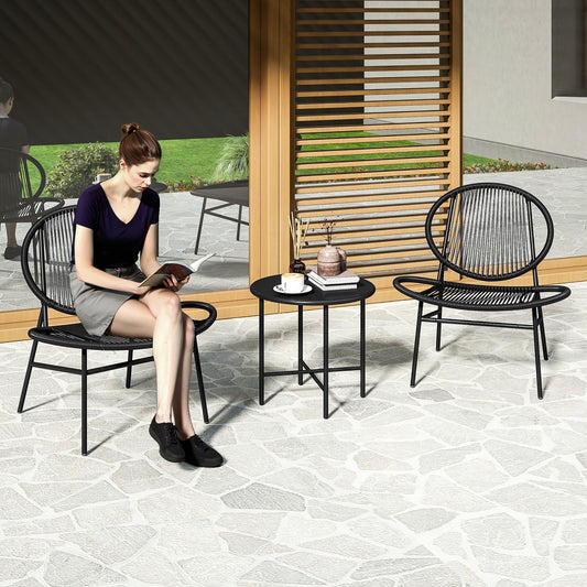Outsunny Rattan Bistro Set, 3 Piece Wicker Garden Furniture Set, Acapulco Chairs and Steel Table for Porch and Balcony, Black