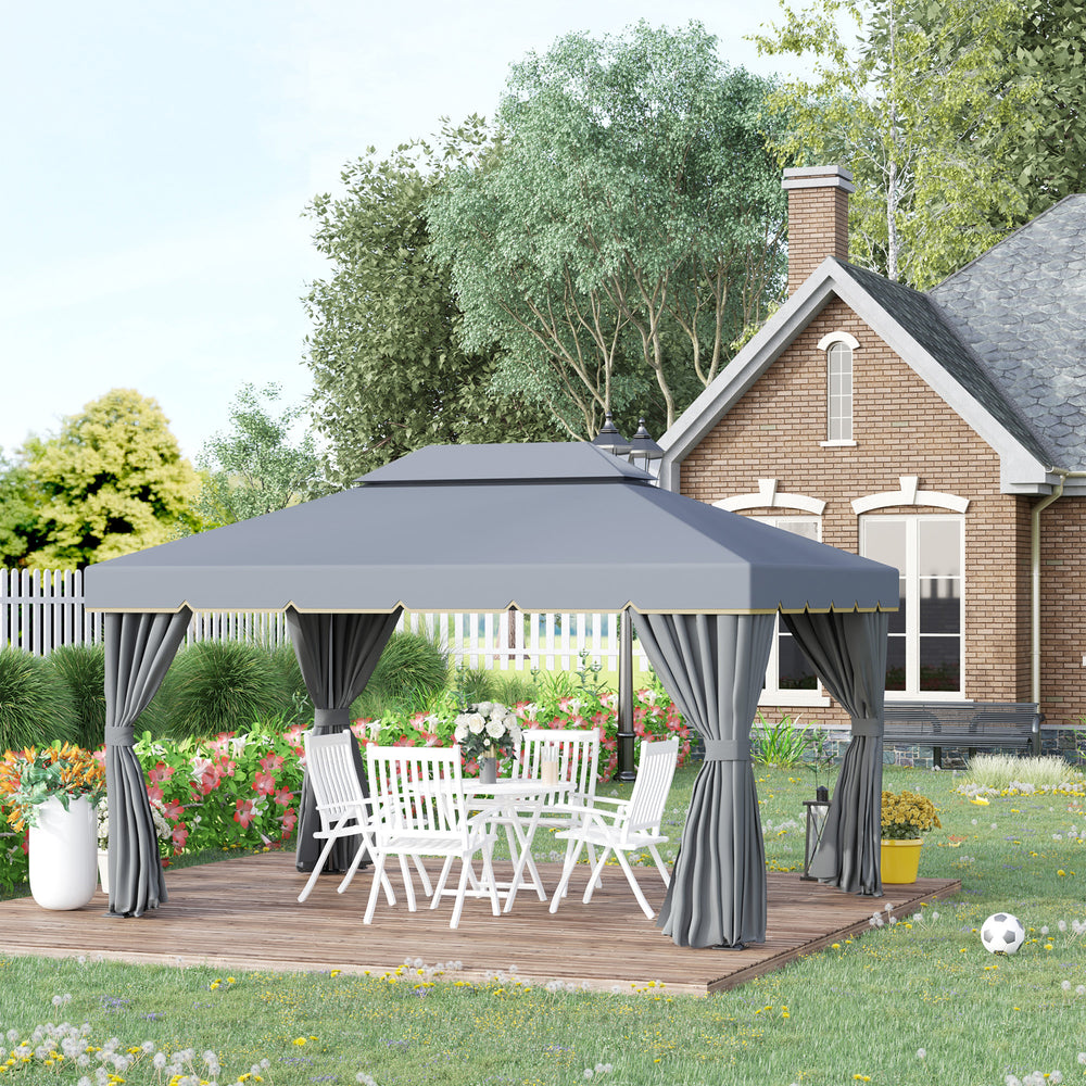 13' x 10' Patio Gazebo Canopy with 2-Tier Polyester Roof, Vented Mesh Sidewall &amp; Strong Aluminum Frame, Gray