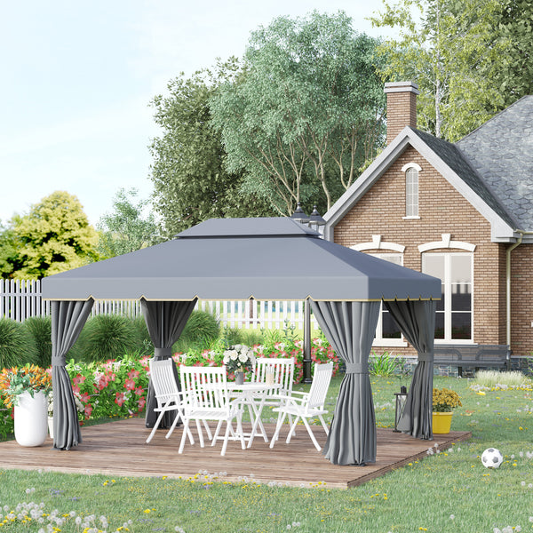 13' x 10' Patio Gazebo Canopy with 2-Tier Polyester Roof, Vented Mesh Sidewall &amp; Strong Aluminum Frame, Gray
