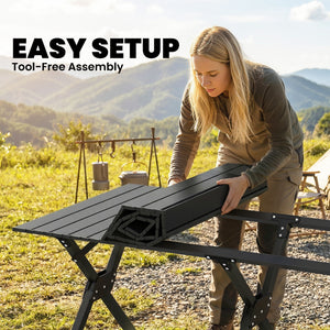 Table de camping pliante imperméable avec plateau enroulable et structure en métal, noire