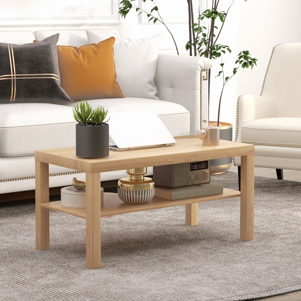 Table basse à deux niveaux avec étagère de rangement, couleur bois naturel