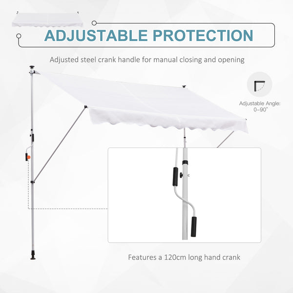 10x5ft Manual Retractable Awning, Patio Sun Shade Canopy Shelter with 5.6-9.2ft Support Pole, Water Resistant UV Protector, for Window, Door, Porch, Deck, White