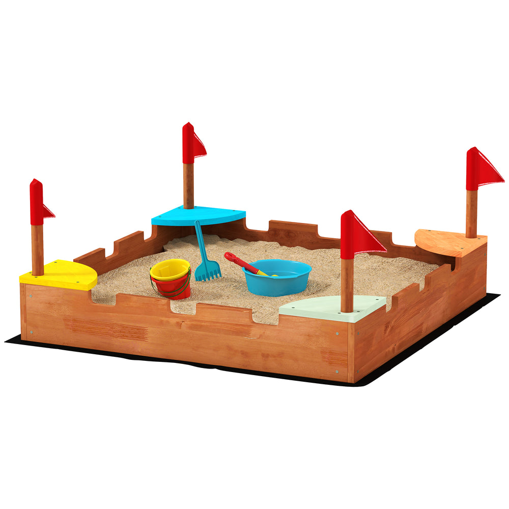 Bac à sable en bois avec drapeaux, 4 sièges d'angle intégrés colorés, bois marron