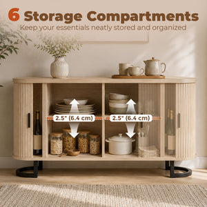 Fluted Sideboard Buffet Cabinet, 55" Modern Coffee Bar Cabinet with Sliding Doors and Adjustable Shelves, Natural