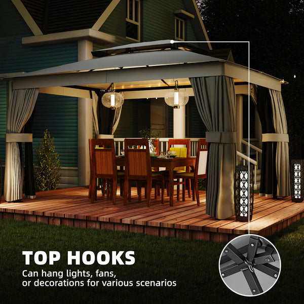 10' x 12.5' Outdoor Gazebo with Curtains and Netting, Double Roof Metal Patio Gazebo Canopy Shelter with Hook, Dark Grey
